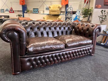 Chesterfield Maarssen ! Bruin Leren Chesterfield 3 zits-Bank, Ophalen, Gebruikt, Chesterfield, Driepersoons