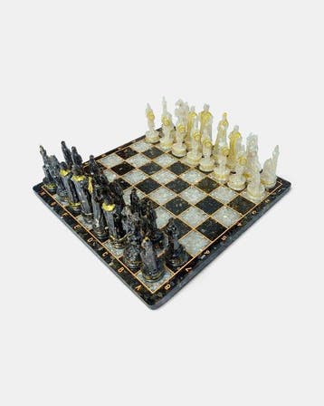 Schaakspel - Gouden obsidiaan (Mexico), 100% witte maansteen, Antiek en Kunst