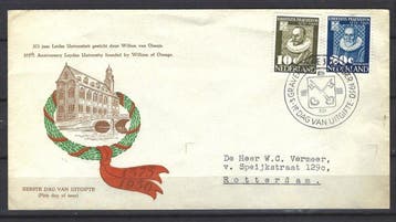 Nederland 1950 - Mooie FDC Leidse Universiteit met open, Postzegels en Munten, Gestempeld
