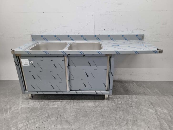 RVS Spoeltafel dubbele spoelbakken 2 schuifdeuren, Zakelijke goederen, Horeca | Keukenapparatuur, Nieuw in verpakking, Ophalen of Verzenden