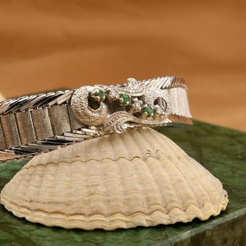 Witgouden armband met smaragd en diamanten; 0,045 ct., Gebruikt, Ophalen of Verzenden, Met edelsteen, Goud