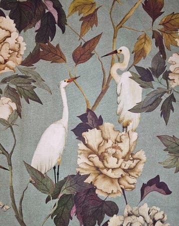 Luxe Art Nouveau-stof met witte reigers - floraal - groen -
