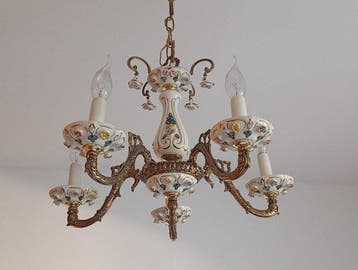 Lamp - Porselein en messing - Porseleinen bloemenspider