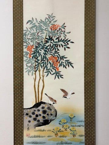 Prachtig bloem- en vogelschilderij - Nandina, chrysanten en