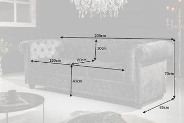 Chesterfield 3-zitsbank 205cm grijs fluweel met knoopstiksel, Ophalen of Verzenden, Nieuw
