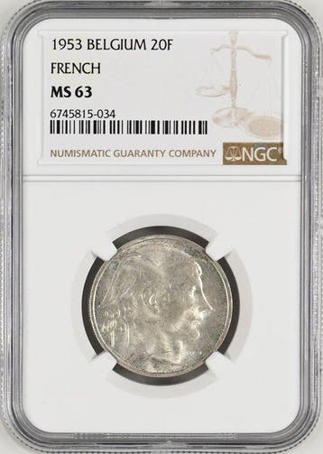 België. Balduino I. 20 Francs 1953 - NGC MS63, Postzegels en Munten