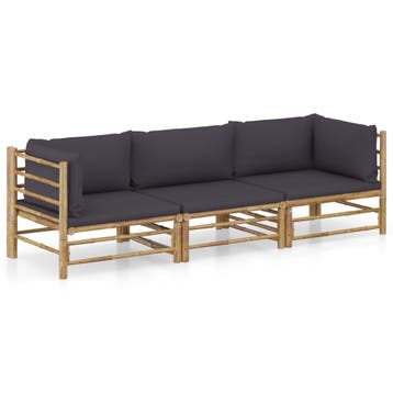 vidaXL 3-delige Loungeset met donkergrijze kussens bamboe, Verzenden, Nieuw, Hout, Loungeset