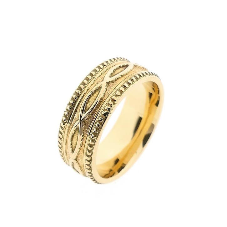 Gouden heren pinkring met patroon, Sieraden, Tassen en Uiterlijk, Ringen, Heer, Goud, 17 tot 18, Gebruikt, Goud, Ophalen of Verzenden