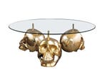 Design salontafel SKULL XXL 90cm goud rond glazen blad, Ophalen of Verzenden, Nieuw