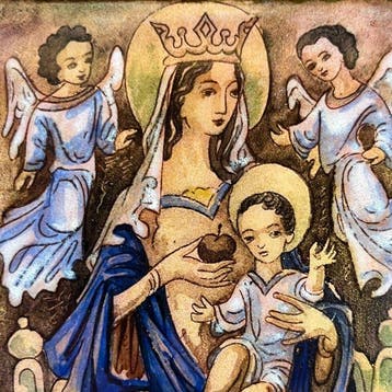 Decoratief ornament - Emaille op koper schilderij Madonna, Antiek en Kunst