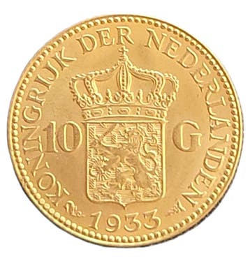 Gouden 10 gulden Wilhelmina 1933, Postzegels en Munten, Munten | Nederland, Verzenden, Goud, Koningin Wilhelmina, Losse munt