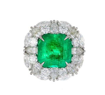 Ring - 18 karaat Witgoud - 15.10ct. tw. Smaragd - Diamant, Nieuw