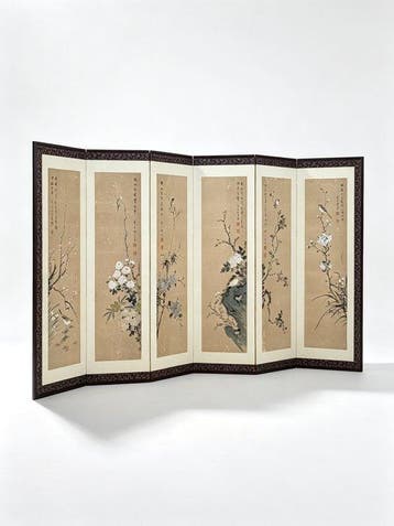 Bybu kamerscherm - Zijde, Papier, Hout - Japan - Zesdelig, Antiek en Kunst