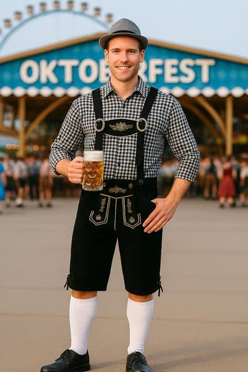 Grijs Oktoberfest Kostuum met Zwarte Lederhosen - Maat XXL, Kleding | Heren, Carnavalskleding en Feestkleding, Ophalen of Verzenden