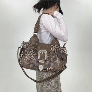 Y2K Leopard Print Patchwork Tote Bag met Ritsen en Meerdere