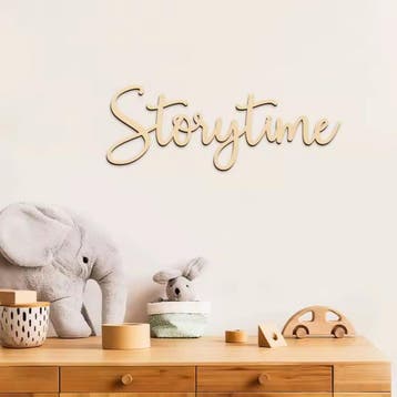 Houten wand tekst decoratie Storytime, Beige, Nieuw, Ophalen of Verzenden, Wanddecoratie