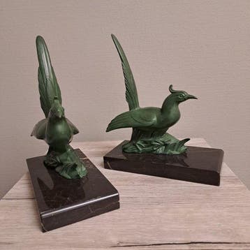 Boekensteunen (2) - Paradijsvogels - Marmer, spelter