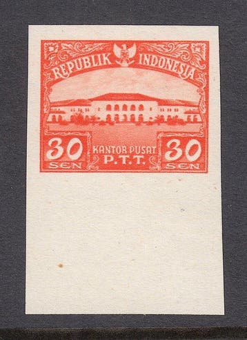 Indonesië 1953 - Ongetande proef van met kleurfout oranje, Gestempeld