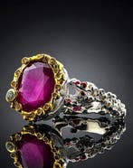 Zonder minimumprijs - Ring Zilver Robijn - Olivijn -, Sieraden, Tassen en Uiterlijk, Ringen, Nieuw