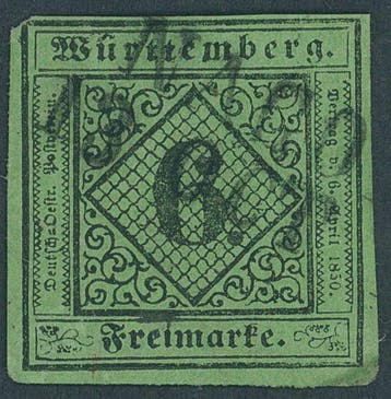 Württemberg 1851 - gestempelde 6 Kr. Typ a II a in goede, Gestempeld