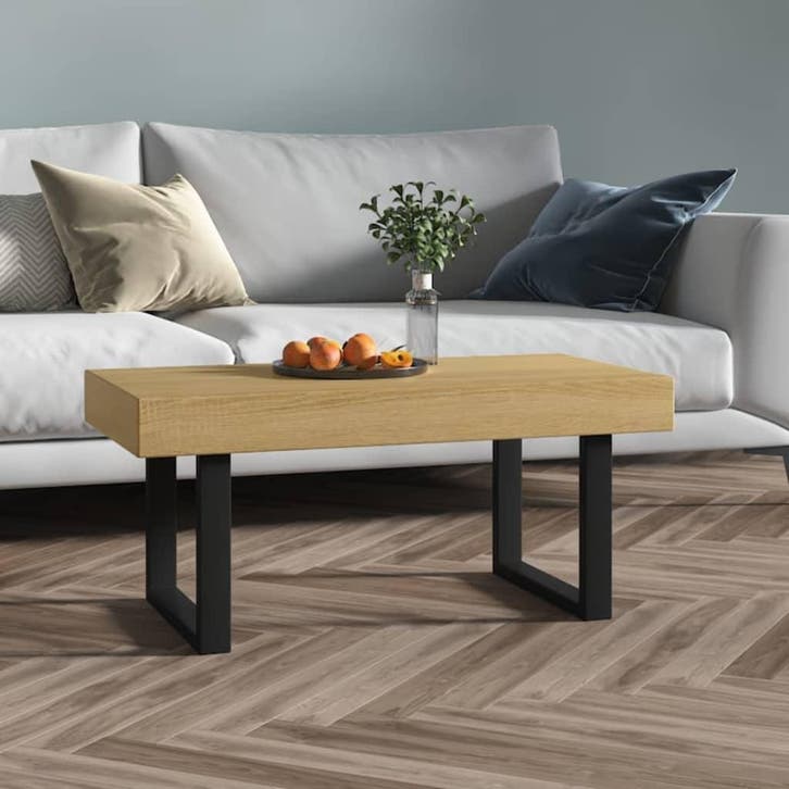 vidaXL Salontafel 90x45x40 cm MDF en ijzer lichtbruin en, Huis en Inrichting, Tafels | Salontafels, 50 tot 100 cm, Nieuw, Overige materialen