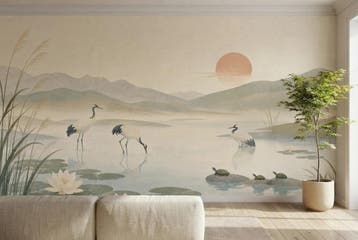 Natuur fotobehang – waterlandschap met vogels, Verzenden, Fotobehang