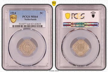 Koningin Wilhelmina 5 cent 1914 MS64 PCGS gecertificeerd, Verzenden, Koningin Wilhelmina, 5 cent, Losse munt