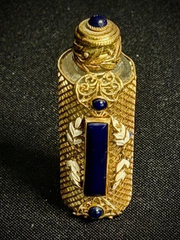 Parfumfles - Bronsplaat (verguld) - Emaille (blauw/wit) -