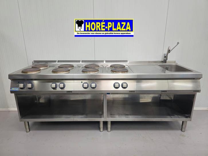Baklijn Zanussi RVS 2x 4-pits elektrisch fornuis + spoelbak, Zakelijke goederen, Horeca | Keukenapparatuur, Gebruikt, Fornuis, Frituur en Grillen