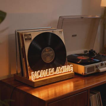 Retro Houten "Now Playing" Vinyl Platenstandaard met Neon LE, Verzenden, Nieuw