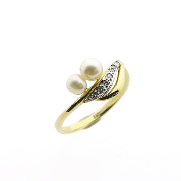 8 karaat ring met parel en diamant; 0,07 ct., Sieraden, Tassen en Uiterlijk, Ringen, 18 tot 19, Gebruikt, Geel, Ophalen of Verzenden