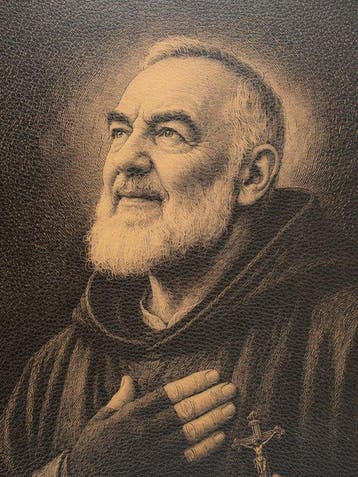 Padre Pio – Geloof en Gebed / Afdruk op leer 84,00 x 68,00, Antiek en Kunst