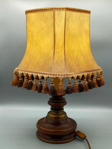 Klassische Vintage Tischlampe Holz & Messing – Schirm mit, Antiek en Kunst