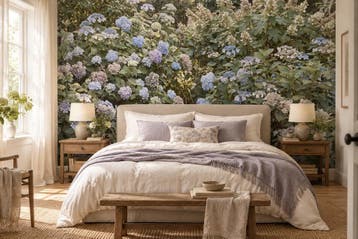 Hortensia behang – blauw en lila bloemen fotobehang, Verzenden, Fotobehang