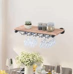 Wand Wijnrek Hout en Metaal– 61 cm Flessenrek met Glashouder, Huis en Inrichting, Woonaccessoires | Wijnrekken, Verzenden, Nieuw