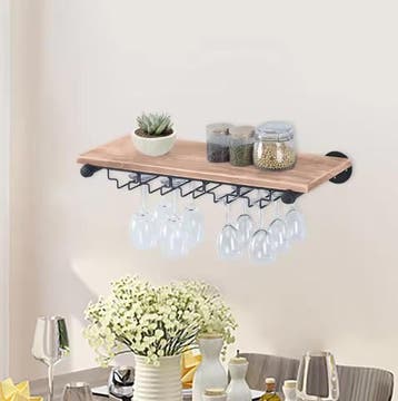 Wand Wijnrek Hout en Metaal– 61 cm Flessenrek met Glashouder, Verzenden, Nieuw