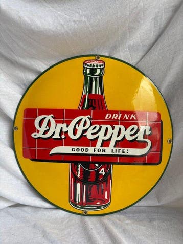 Rond Dr Pepper emaille reclamebord met fles – 30 cm -