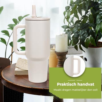 HI NATURE™ Luxe RVS Thermosbeker met Handvat en Rietje 1.2, Ophalen of Verzenden, Zo goed als nieuw
