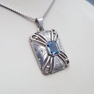 Zilver, Art Deco, Blauwe Spinel(Getest) - Ketting met hanger