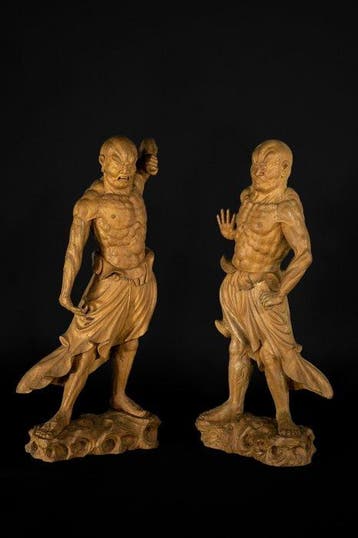 Hout - Een paar houten Ni-beeldjes. - Taisho- en