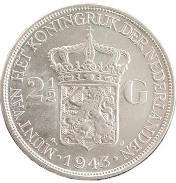 Nederlandse zilveren Rijksdaalder 1943 Denver - Wilhelmina, Verzenden, Koningin Wilhelmina, Losse munt, Zilver