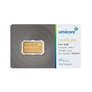 Umicore goudbaar 2,5 gram (LBMA certificaat), Postzegels en Munten, Edelmetalen en Baren, Verzenden, Goud
