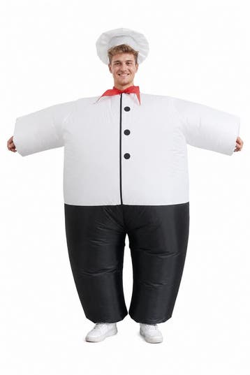 KIMU® Opblaas Kostuum Chefkok Opblaasbaar pak Kokspak Mascot, Carnaval, Nieuw, Overige maten, Ophalen of Verzenden