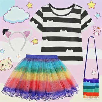 Meisjes Kleding Set: Zwart-Wit Katten T-shirt & Regenboog Tu, Verzenden, Nieuw