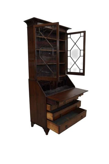 Antieke secretaire met opzetkast – eiken bureaukast met glas, Ophalen of Verzenden, Nieuw
