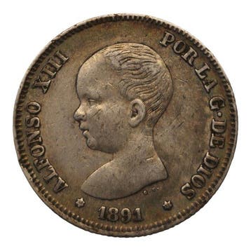 Spanje. 2 Pesetas Alfonso XIII 1891 Madrid