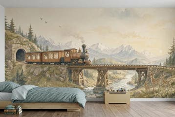 Stoomtrein behang kinderkamer – bergen fotobehang, Verzenden, Fotobehang