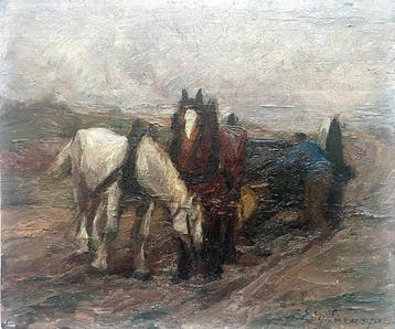 Edgard Farasyn (1858–1938) - Paarden met wagen in landelijk