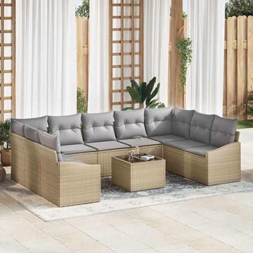 vidaXL Tuinbankenset 9 st Beige en Licht Grijs poly rattan, Verzenden, Nieuw, Meer dan 8 zitplaatsen