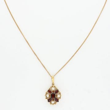 Ketting met hanger - 18 karaat Geel goud Parel - Granaat